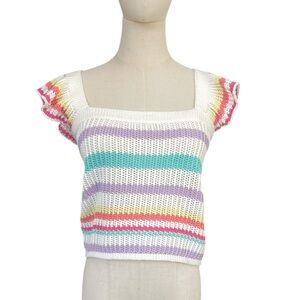 Weekend Los Angeles Bright Colorful Striped Knit Tank Ruffled Shoulders Sz L NWT